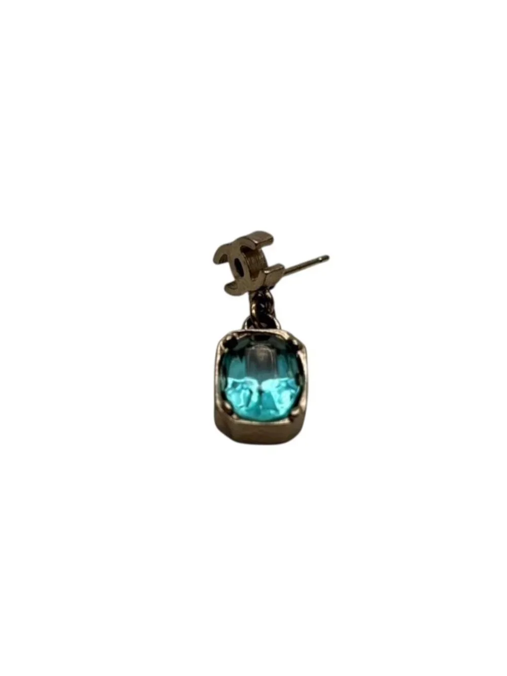 Chanel CC Logo Drop Earrings 07 Rhinestone Metal Gold Plated Blue